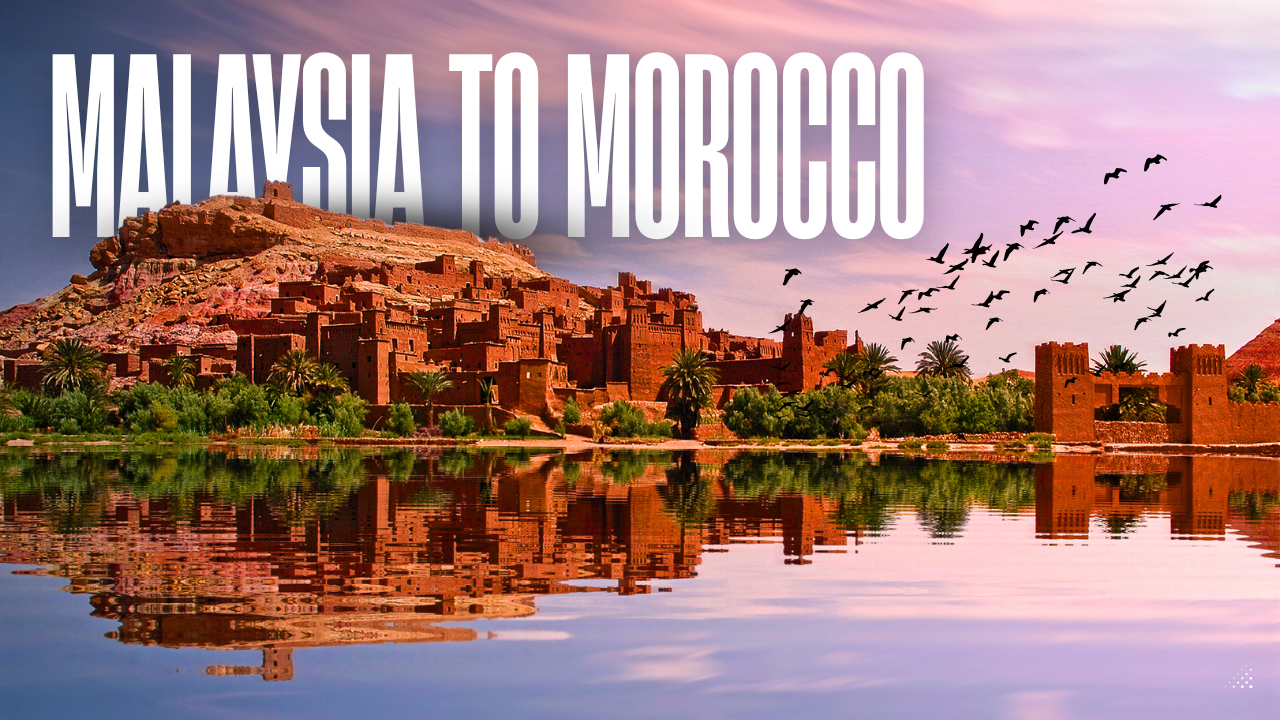 "Map showing travel route from Malaysia to Morocco with major connecting cities and flight paths." (Keep it short, clear, and descriptive for accessibility.)