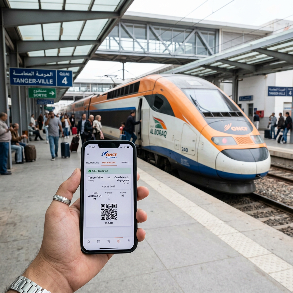 Hand holding phone displaying confirmed Al Boraq train ticket at Tanger-Ville platform